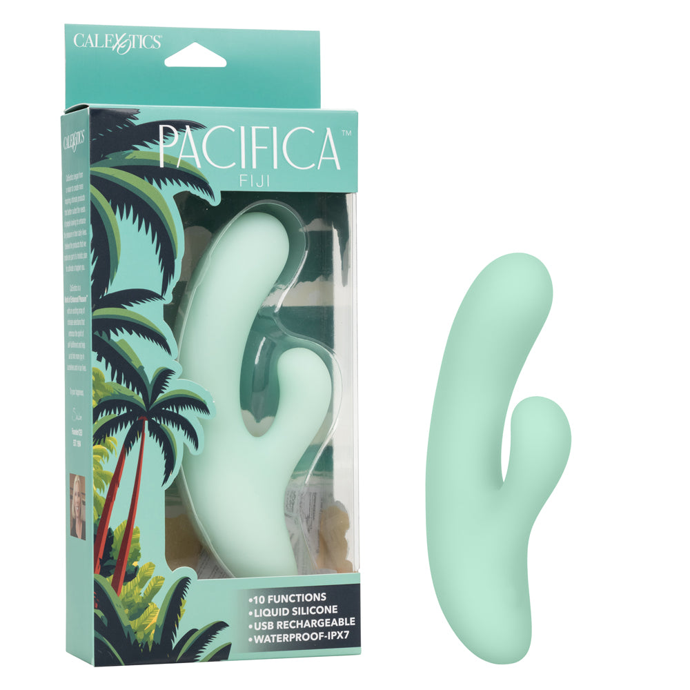 Pacifica Fiji Dual Stimulator in Mint Green with 10 Vibration Functions, Liquid Silicone, USB Rechargeable, Waterproof IPX7, 7.5 Inches VIBRATORS-RABBIT