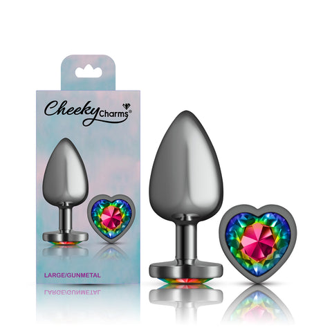Cheeky Charms Gunmetal Butt Plug with Heart Rainbow Jewel Large > Anal Range > Jewel Butt Plugs