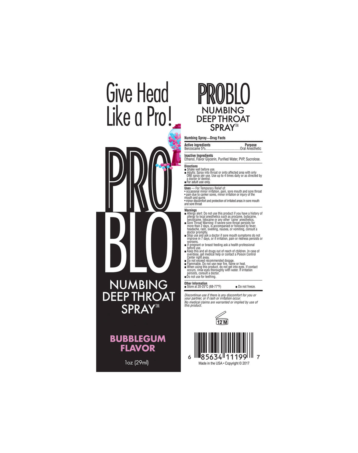 ProBlo Deep Throat Spray 30ml - Bubblegum Flavored Numbing Spray > Lube > Oral Gels & Sprays