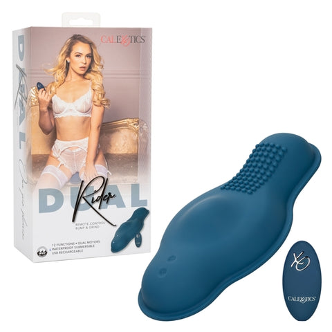 CalExotics Dual Rider Remote Control Bump and Grind Waterproof Silicone Massager with 12 Functions and USB Rechargeable Remote in Blue Vibrating Pads