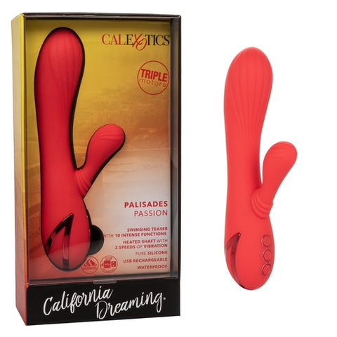 California Dreaming Palisades Passion Red Silicone Heated Massager with Swinging Teaser and Triple Motor Vibrations VIBRATORS-RABBIT