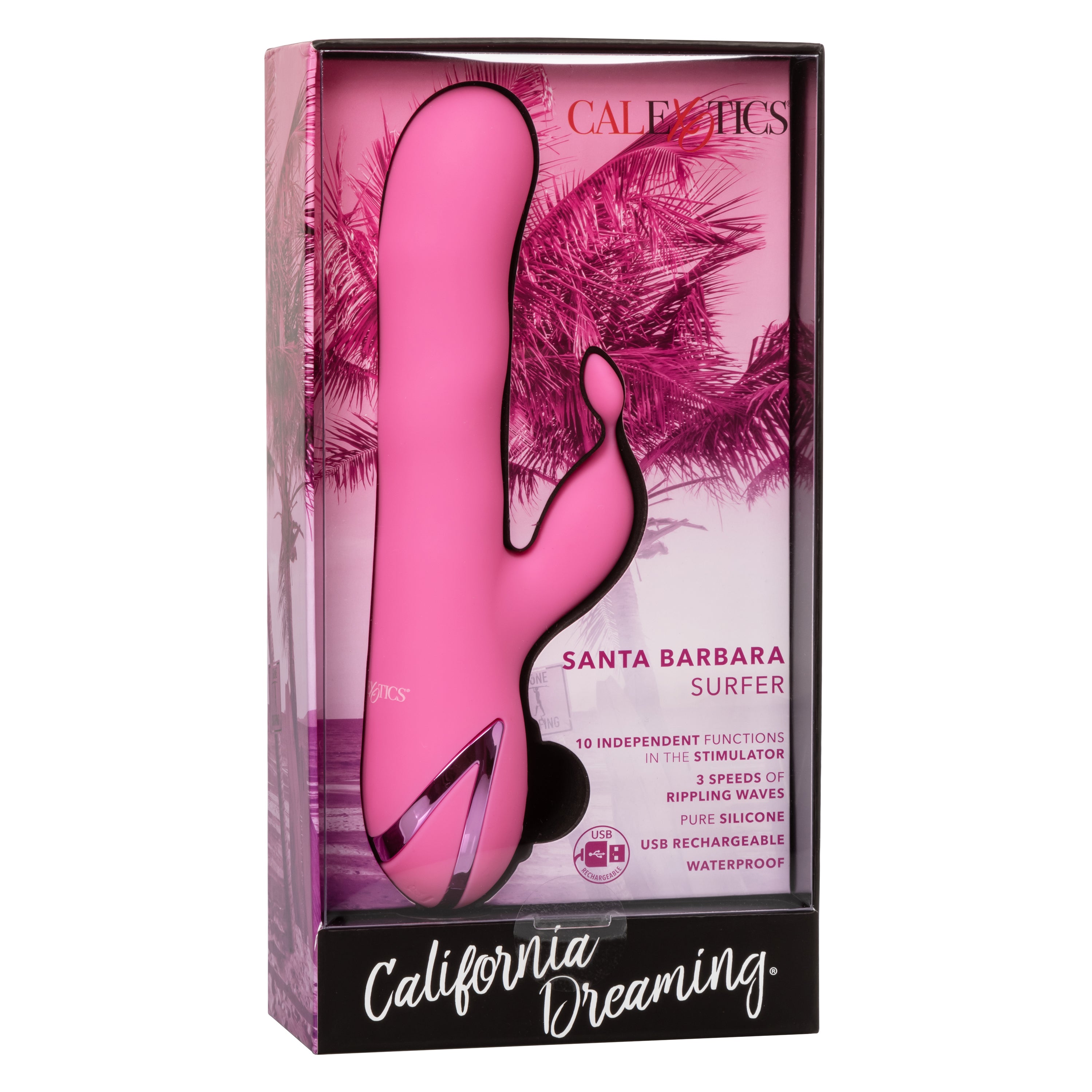California Dreaming Santa Barbara Surfer Pink Silicone Massager with 10 Vibration Modes and 3 Rippling Speeds, USB Rechargeable and Waterproof VIBRATORS-RABBIT