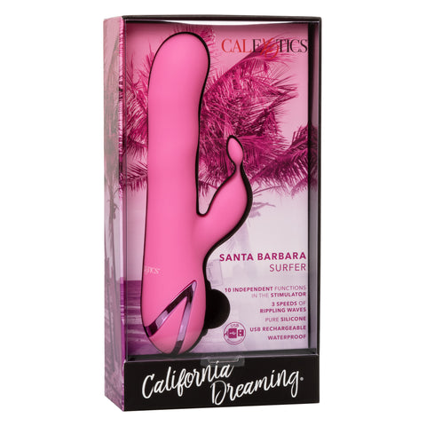 California Dreaming Santa Barbara Surfer Pink Silicone Massager with 10 Vibration Modes and 3 Rippling Speeds, USB Rechargeable and Waterproof VIBRATORS-RABBIT
