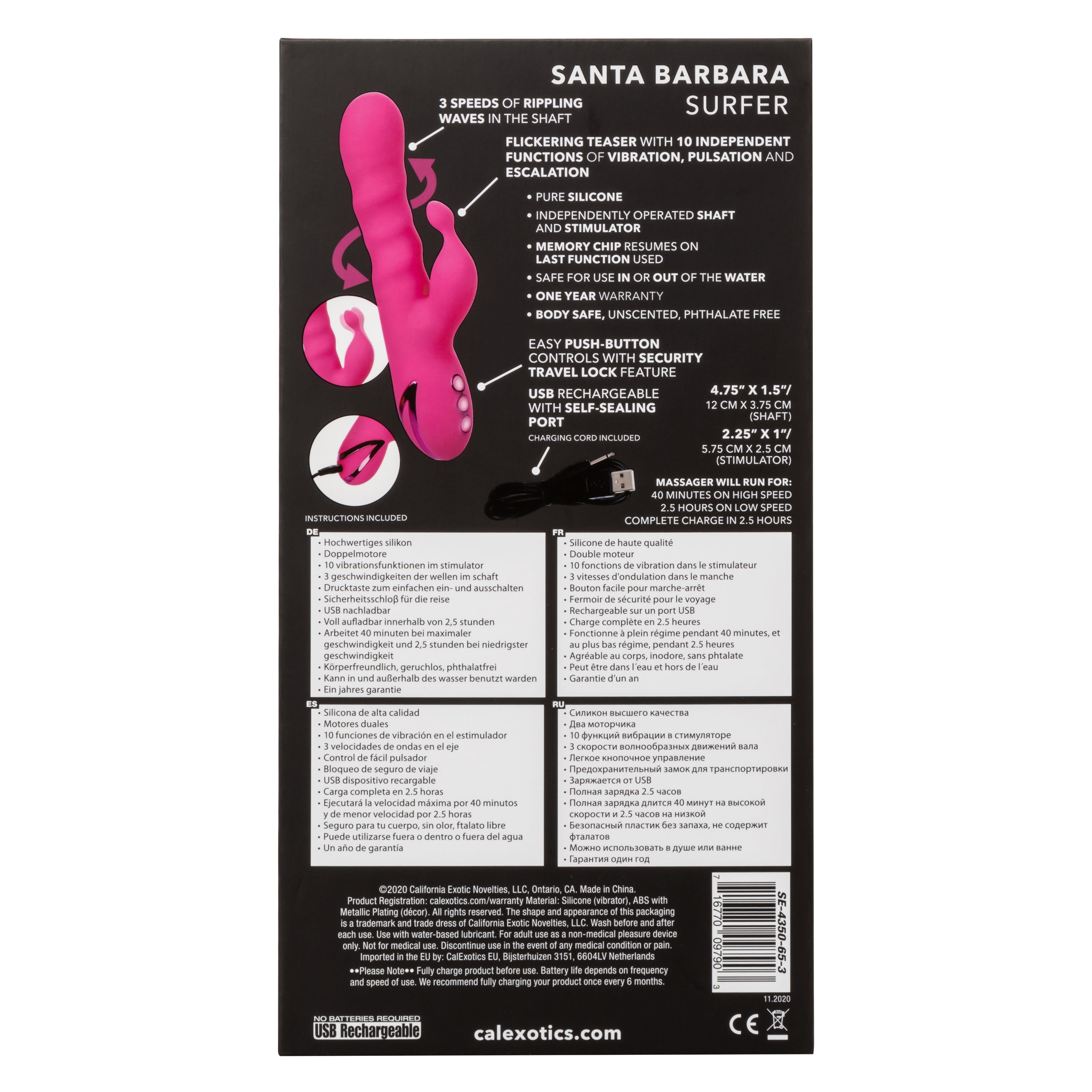 California Dreaming Santa Barbara Surfer Pink Silicone Massager with 10 Vibration Modes and 3 Rippling Speeds, USB Rechargeable and Waterproof VIBRATORS-RABBIT