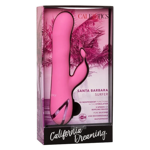 California Dreaming Santa Barbara Surfer Pink Silicone Massager with 10 Vibration Modes and 3 Rippling Speeds, USB Rechargeable and Waterproof VIBRATORS-RABBIT
