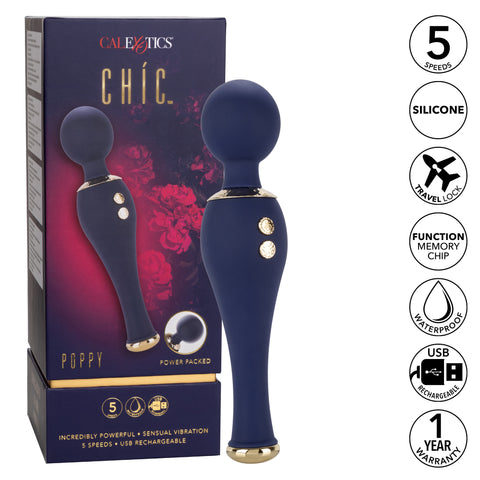 Chic Poppy Navy Blue Ultra-Plush Silicone Massager with 5 Vibration Levels and Gold Accents, Rechargeable, Waterproof > Sex Toys > Massage Wands