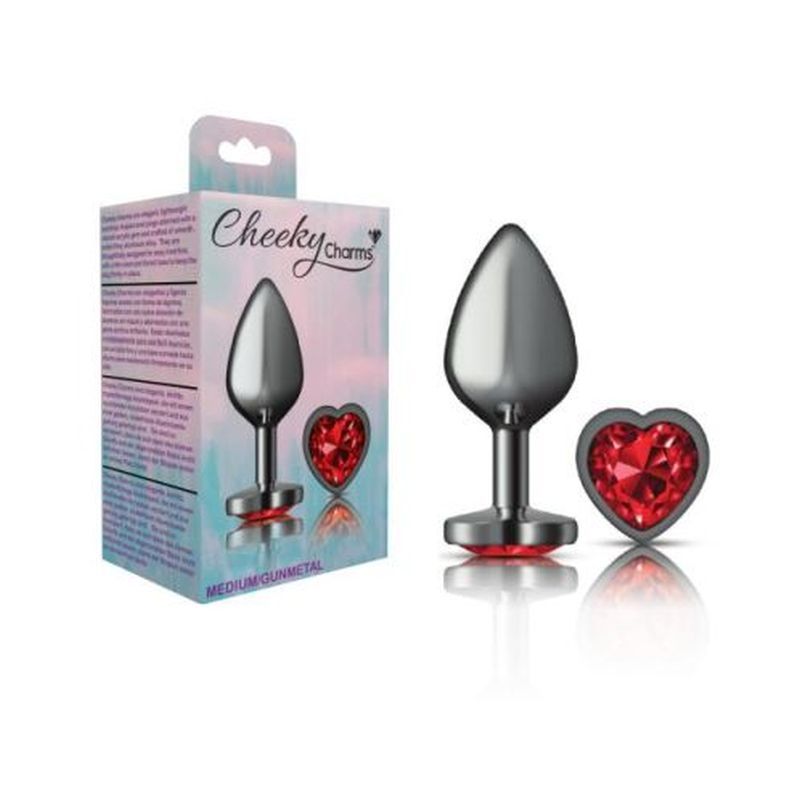 Cheeky Charms Gunmetal Butt Plug with Heart Red Jewel Medium > Anal Range > Jewel Butt Plugs