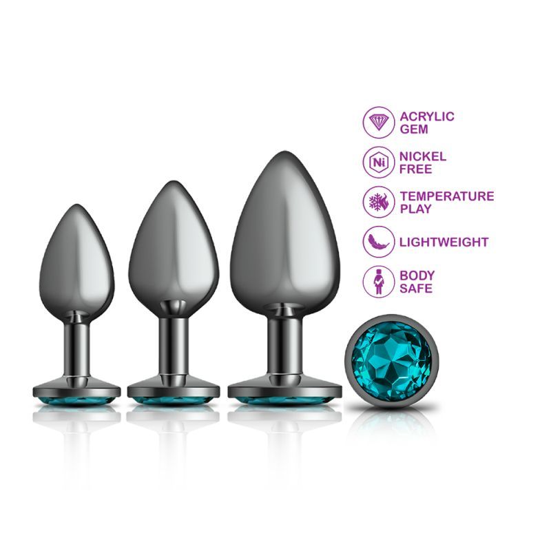 Cheeky Charms Round Metal Butt Plug Gunmetal Three Piece Kit with Teal Jewel Secondary image