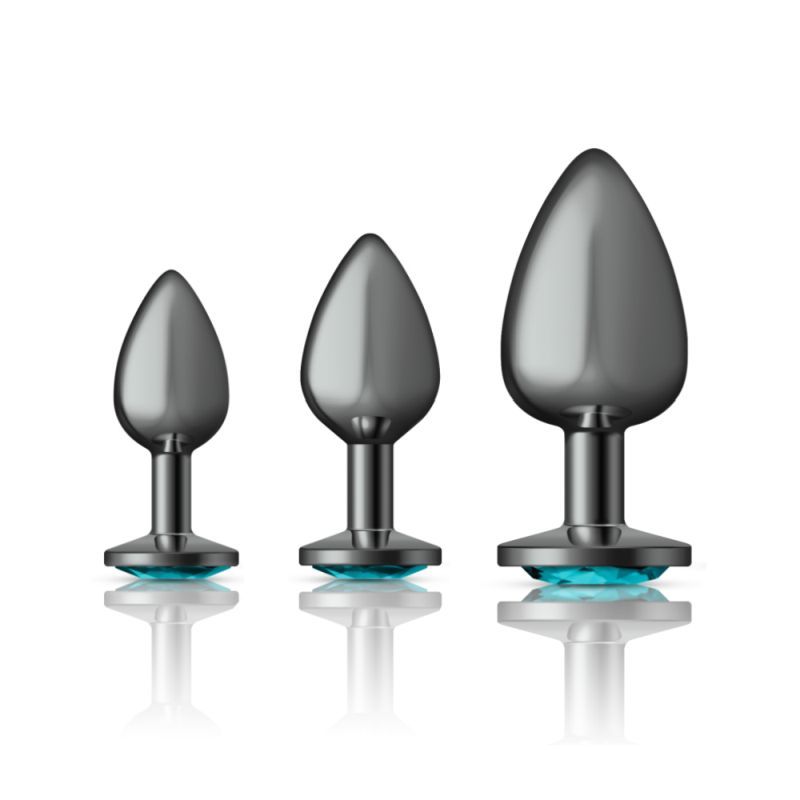 Cheeky Charms Round Metal Butt Plug Gunmetal Three Piece Kit with Teal Jewel > Anal Range > Butt Plug Kits Main image