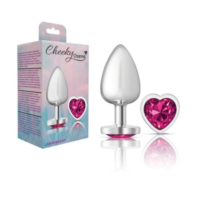 Cheeky Charms Silver Metal Butt Plug with Heart Pink Jewel Large (9.12cm) > Anal Range > Jewel Butt Plugs