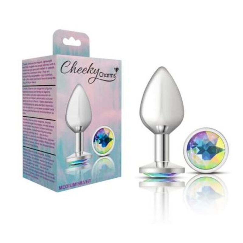 Cheeky Charms Silver Round Butt Plug with Clear Iridescent Jewel Large (9.12cm) > Anal Range > Jewel Butt Plugs