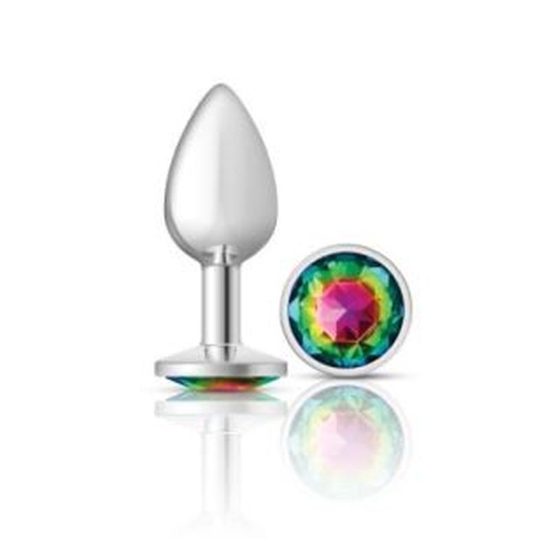 Cheeky Charms Round Jewel Butt Plug – Gunmetal or Silver, Metal Anal Plug with Gem (Small, Medium, Large) Silver Rainbow Jewel Small > Anal Range > Jewel Butt Plugs