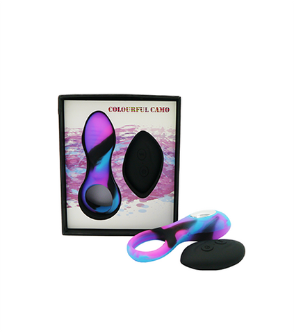 Colourful Camo Bravo Remote Control Blue Cock Ring with Multi Vibration and Rechargeable Silicone Cock Rings Vibrating