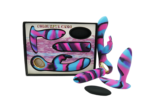Colourful Camo Lovers Kit Blue Silicone Rabbit Vibrator Tracer Bullet and Idyllic Remote Control Butt Plug Set > Sex Toys > Sex Kits Main image