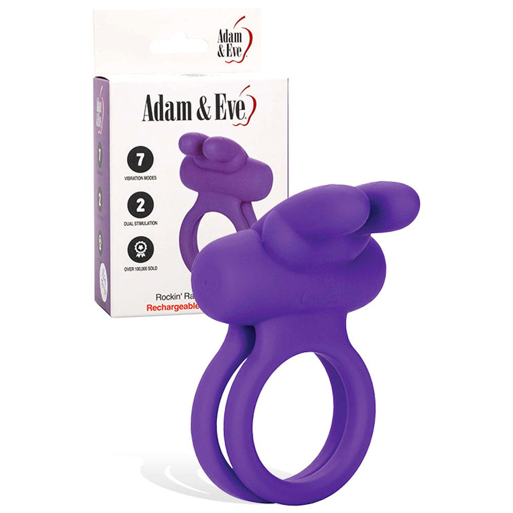 Adam & Eve Rockin' Rabbit – USB Rechargeable Silicone Cock and Balls Ring Purple > Sex Toys > Couples Toys