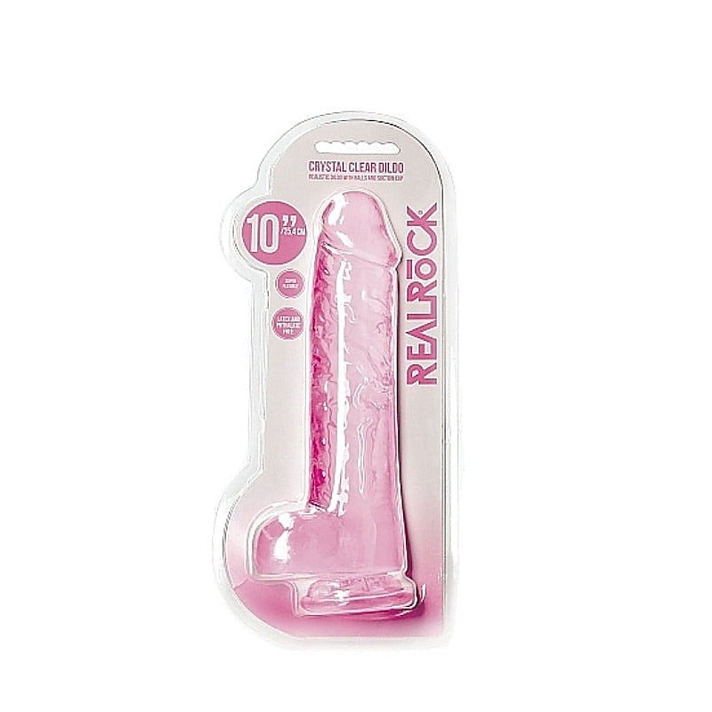 REALROCK Crystal Clear Realistic Dildo with Balls 10 Inch – Suction Cup - Pink > Dildos > Large Dildos