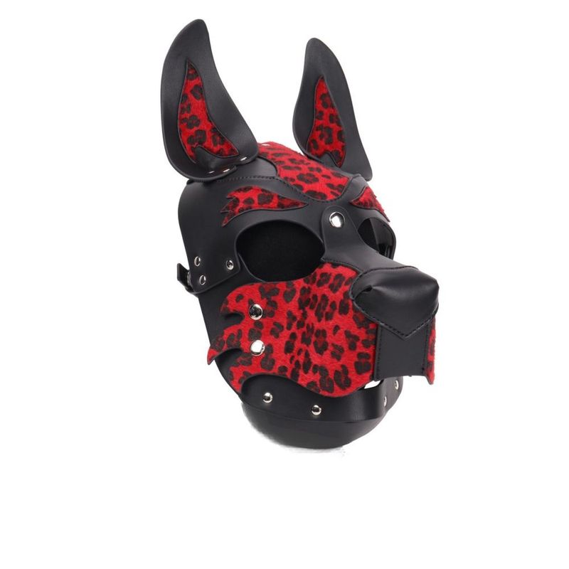 Bold Red Leopard Print Dog Hood Adjustable Fit Leather BDSM Gear > Bondage Gear > Masks