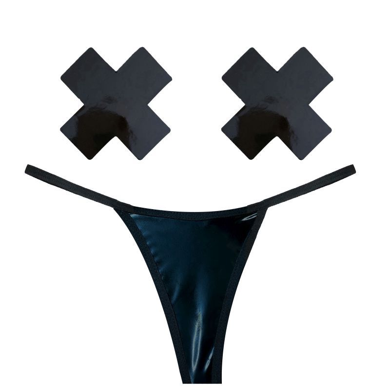 Dom Squad Black Wet Vinyl Pastie and G-String Set > Clothes > Pasties Main image