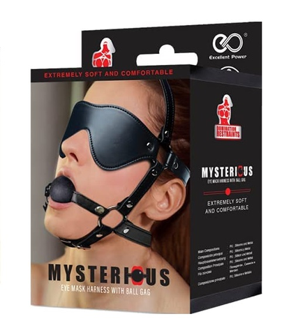 Domination Restraints Mysterious Eye Mask Harness with Silicone Ball Gag 1.7 Inch Diameter Black Gags