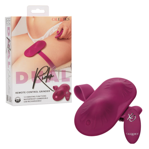Dual Rider Remote Control Grinder Waterproof Silicone Massager with Adjustable Thigh Strap and 12 Vibration Functions in Plum Vibrating Pads