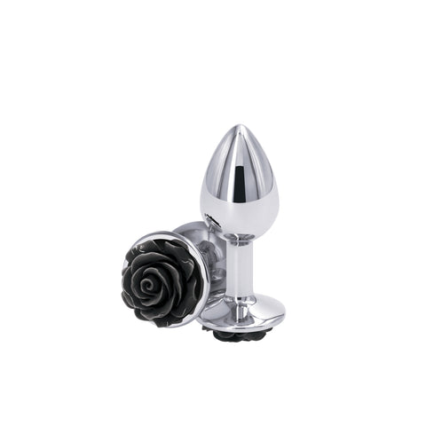 Rear Assets Rose Small 7.6 cm Metal Butt Plug with Black Rose Base Silver Small > Anal Range > Butt Plugs