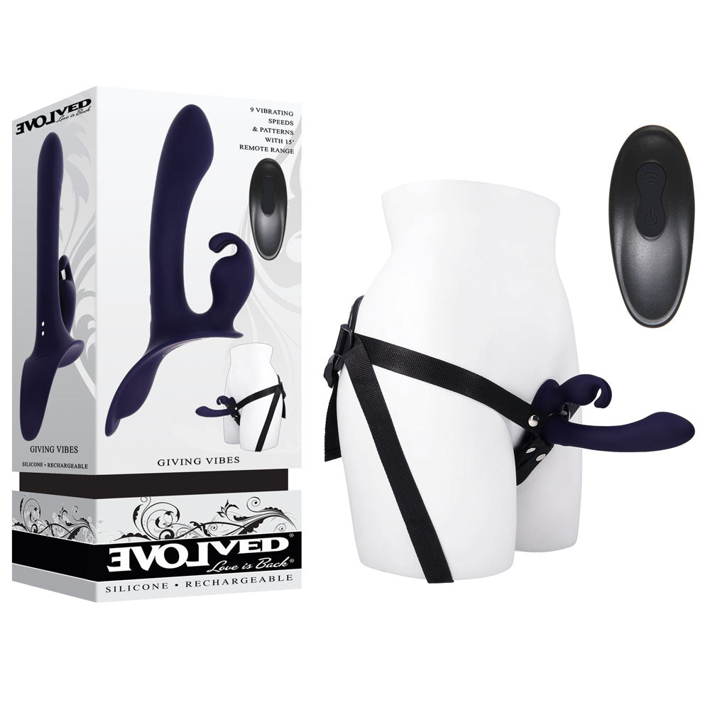 Evolved GIVING VIBES 14.6 cm Vibrating Strap-On Black > Dildos > Strap On Harnesses