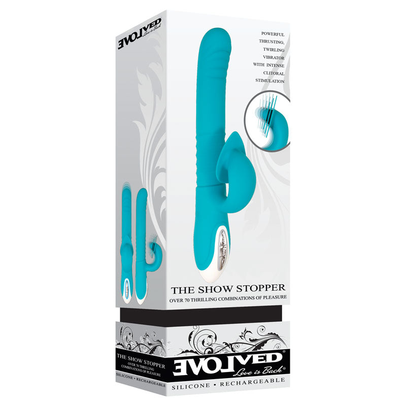 Evolved The Show Stopper - Teal 23.5 cm Thrusting Rabbit Vibrator