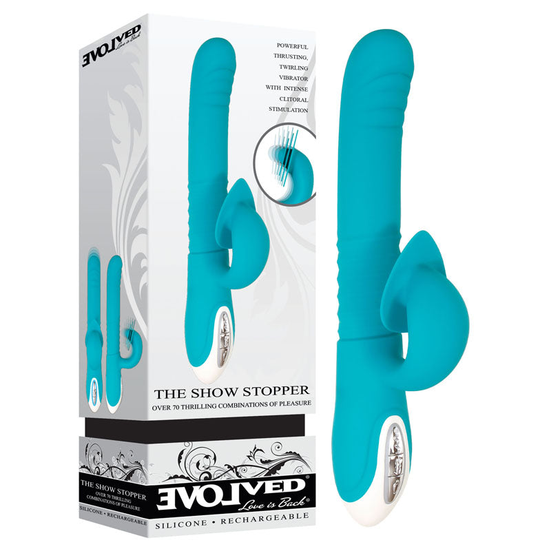 Evolved The Show Stopper - Teal 23.5 cm Thrusting Rabbit Vibrator