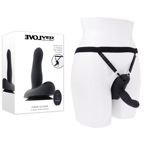 Evolved Come Closer – USB Rechargeable Remote-Controlled Vibrating Strap-On Vibrator Black > Dildos > Strap On Dildos