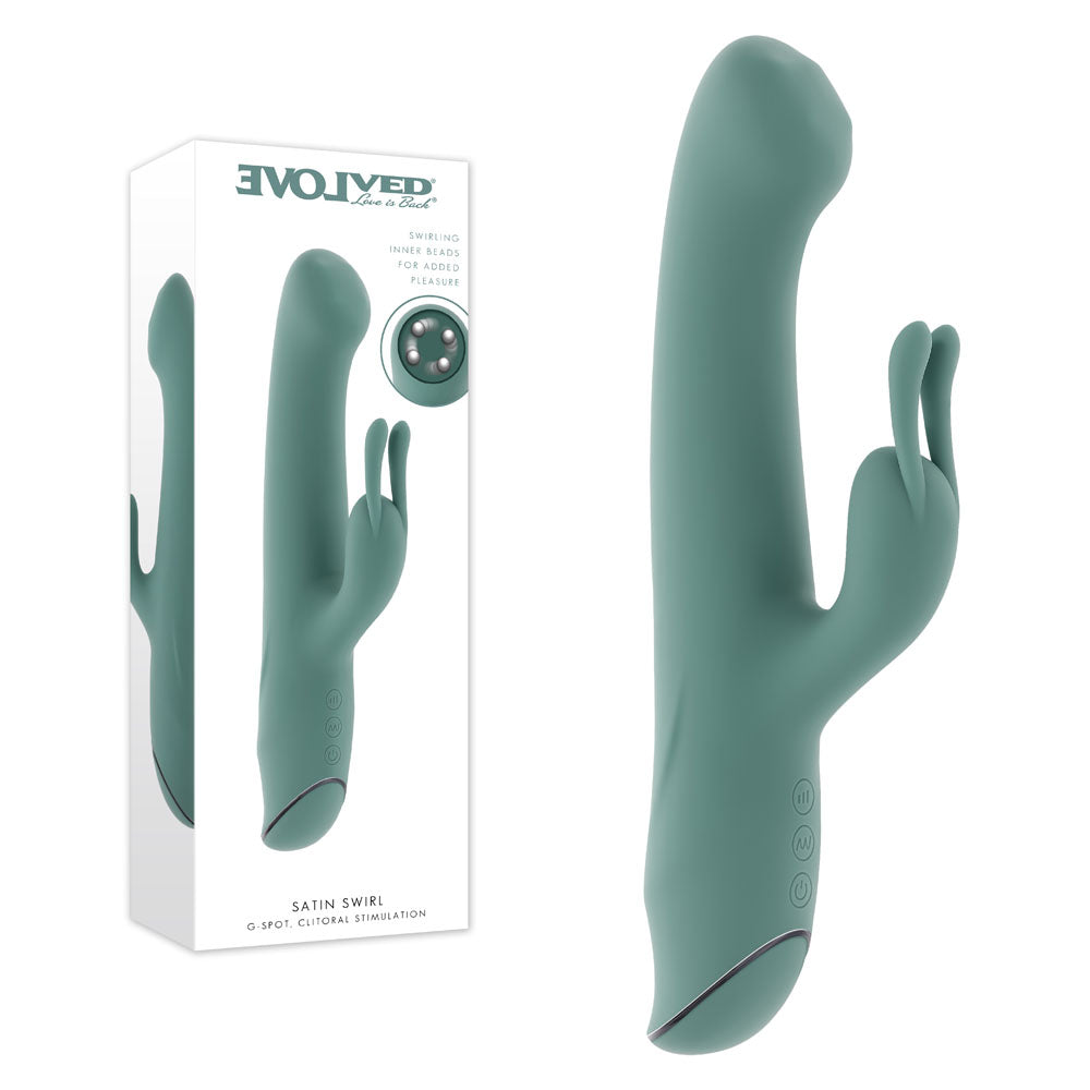 Evolved SATIN SWIRL - 23 cm USB Rechargeable Rabbit Vibrator with Swirling Head Green > Vibrators > Ladies > Rabbit Main image