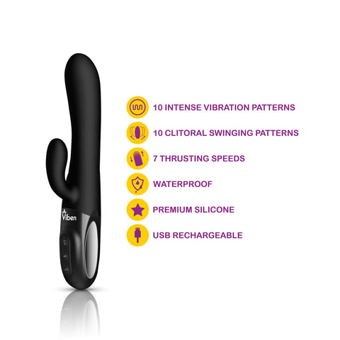 Viben Hypnotic Thrusting Rabbit Vibe with Swinging Clit Stimulator in Black VIBRATORS-RABBIT