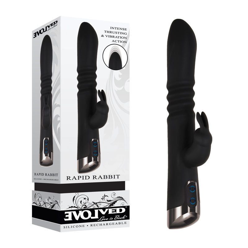 Evolved Rapid Rabbit 25.4 cm USB Rechargeable Thrusting Vibrator Black VIBRATORS-RABBIT-MULTI