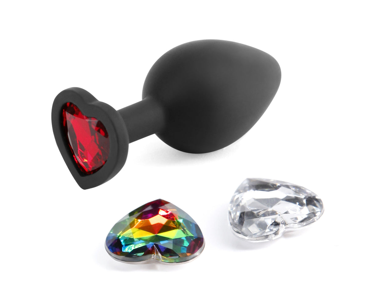 Glams Xchange Heart Medium Butt Plug with Heart Gems (8.1cm) Black Medium > Anal Range > Jewel Butt Plugs