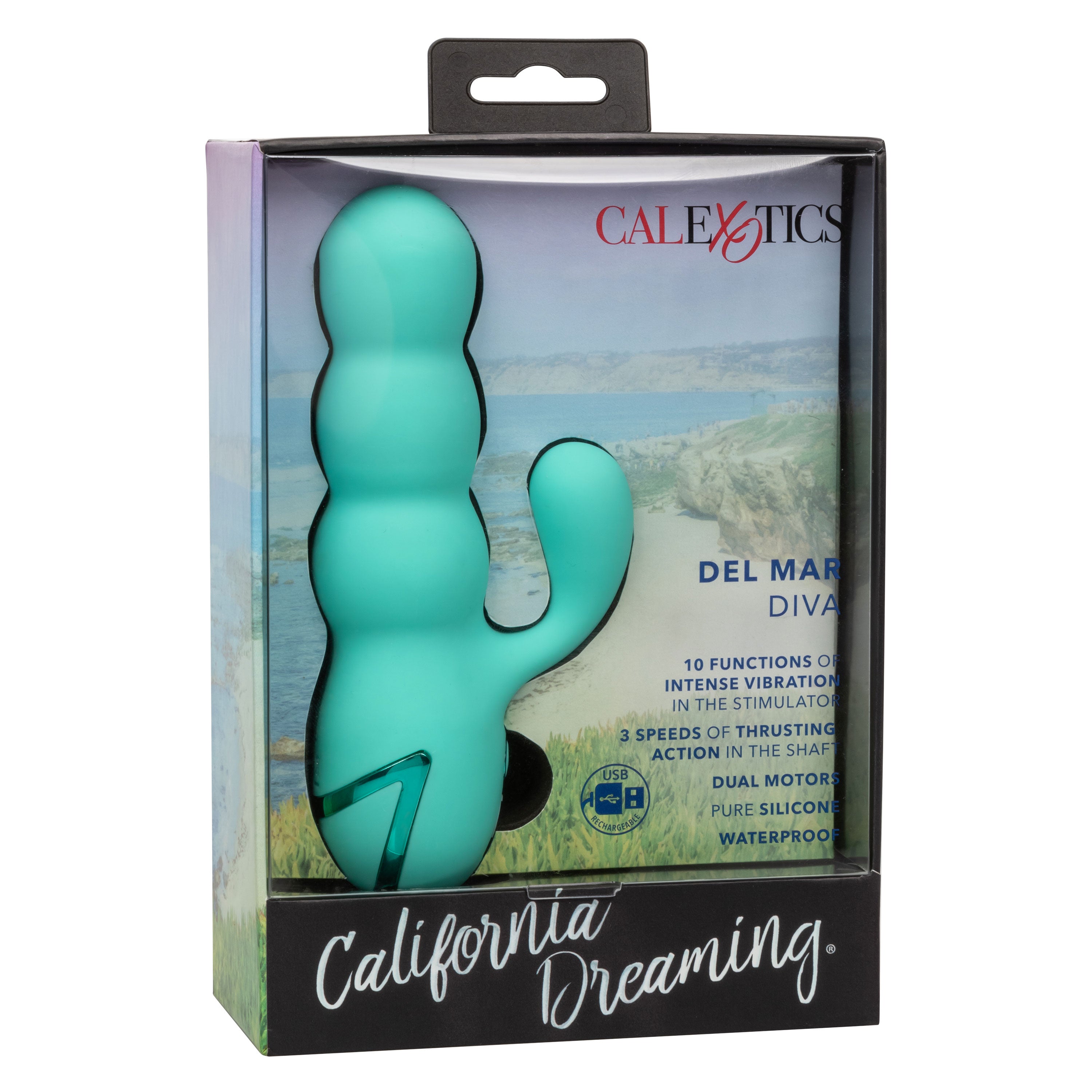 California Dreaming Del Mar Diva Teal Silicone Dual Motor Massager with 10 Vibration Functions = > Vibrators > Ladies > Rabbit Multi