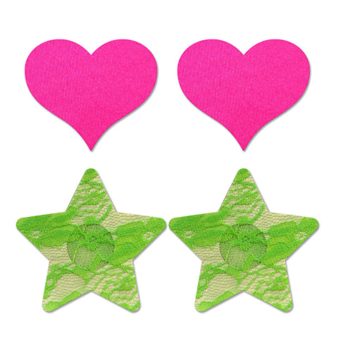 Glow Fashion Pasties Set with Neon Green Lace Stars and Neon Pink Satin Hearts - 2 Sets Included Pasties