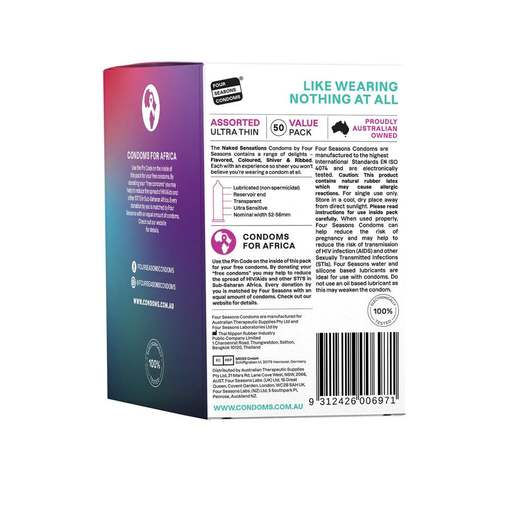 Four Seasons Naked Sensations – Ultra Sensitive Lubricated Condoms - Assorted 50 Pack > Essentials > Condoms