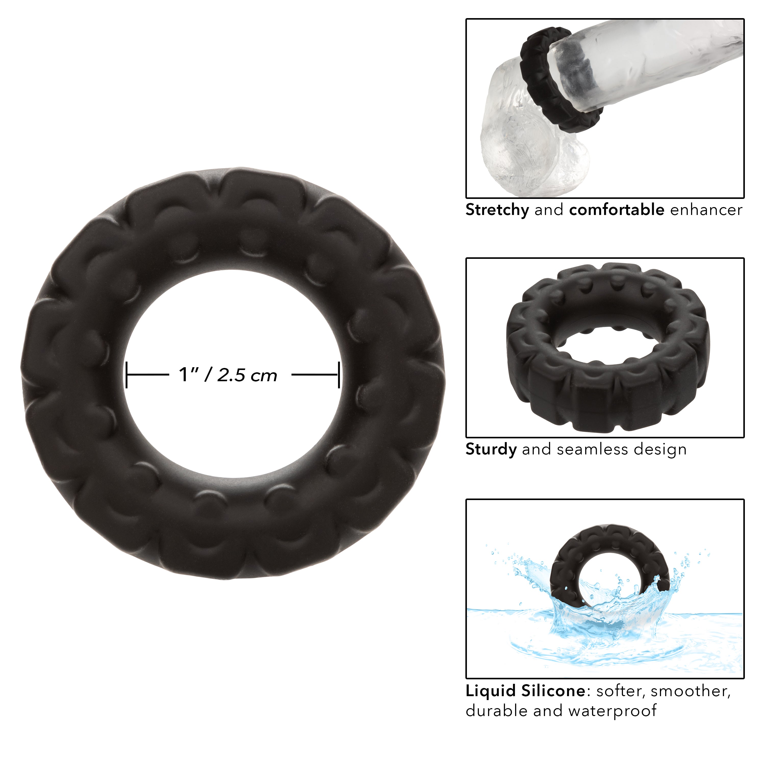 Alpha Liquid Silicone Prolong Tread Ring Black 1 Inch Diameter Stretchy Durable Waterproof > Cock Ring > Single