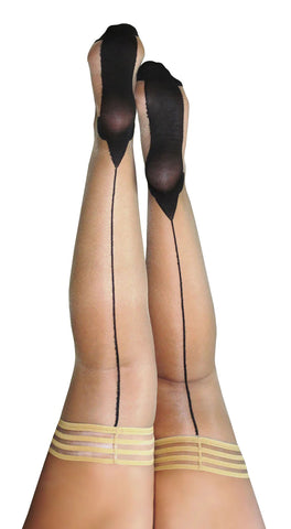 Kixies Ruby Nude Sheer Thigh-Highs with Black Back Seam and Cuban Heel Size D Hosiery