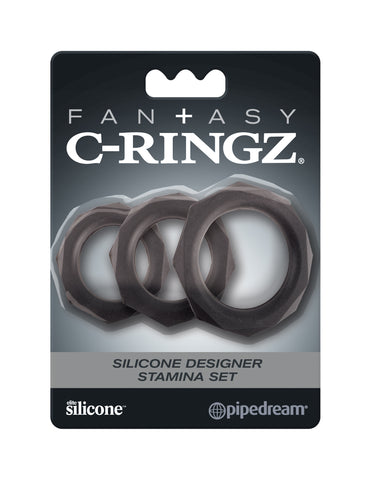 Fantasy C-Ringz Silicone Designer Stamina Set Black Cock Rings Set of 3 Sizes COCK RING Set