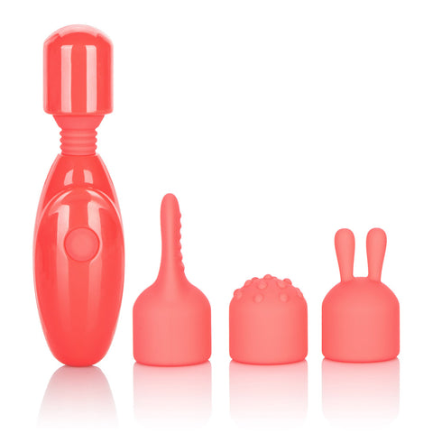 Rechargeable Massager Kit with Three Silicone Attachments and USB Charging in Coral Red Finger Stimulator