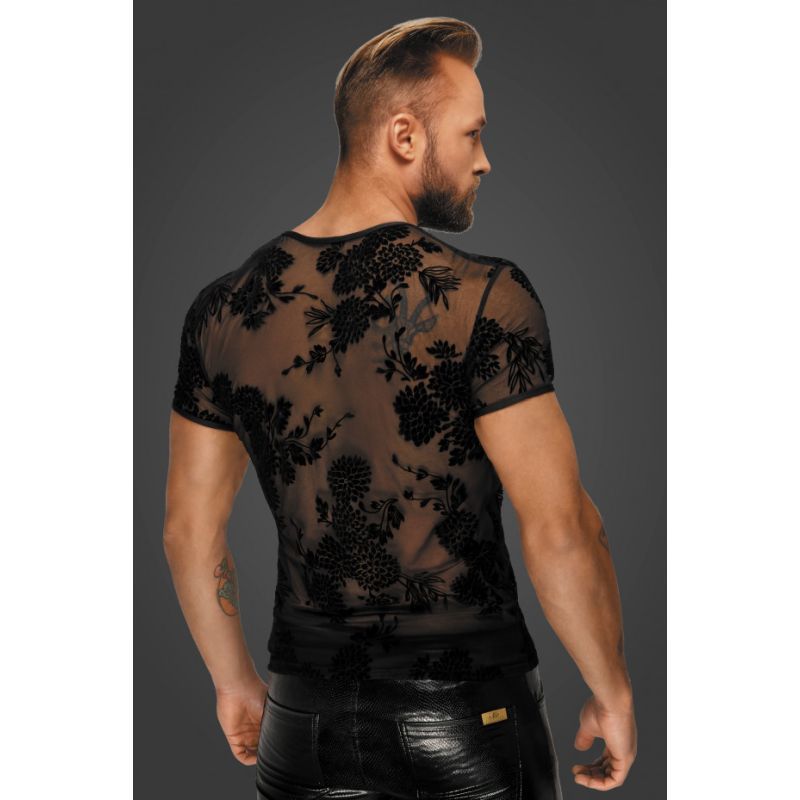 Flock Embroidery Short Sleeve T-Shirt Semi-Transparent Mesh Floral Pattern Men’s Shirt Secondary image