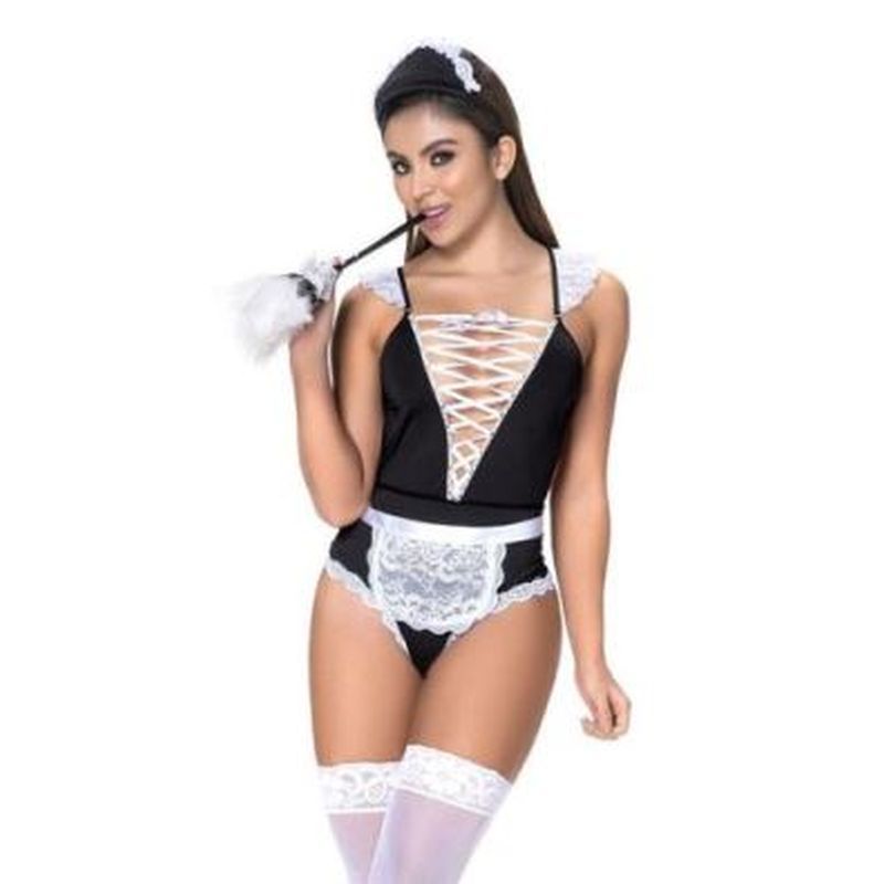 French Maid Three Piece Set Bodysuit with Cross-Over Detail Adult Costume > Clothes > Costumes > Womens