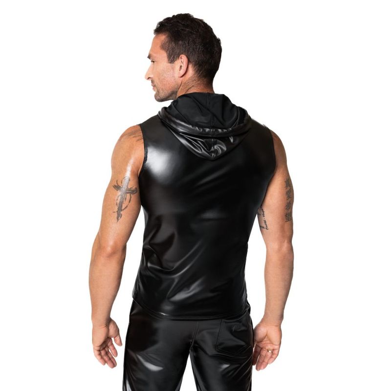 Noir Frenzy Sleeveless Wetlook Hoodie – Edgy Shine Sleeveless Activewear Top Secondary image