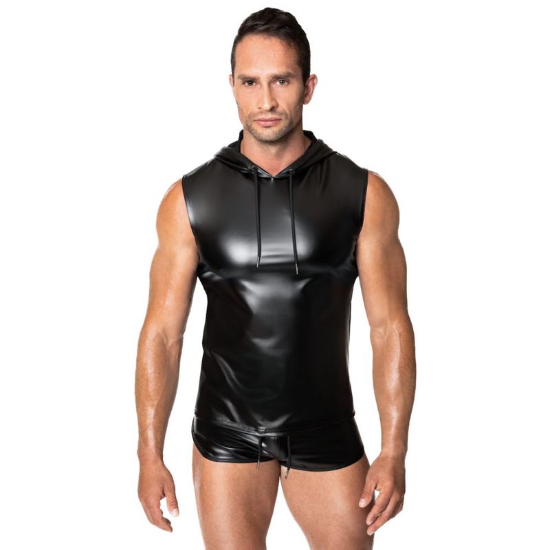 Noir Frenzy Sleeveless Wetlook Hoodie – Edgy Shine Sleeveless Activewear Top > Clothes > Mens Apparel Main image