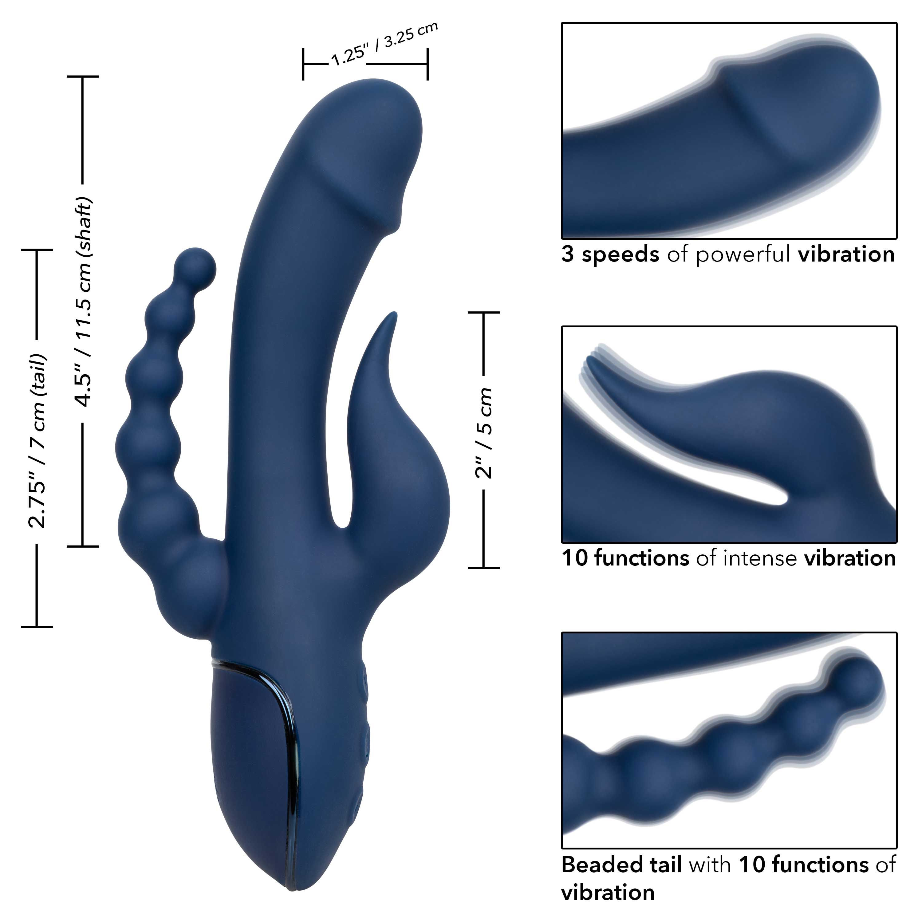 III Triple Orgasm (Blue) – Triple Action Silicone Massager with Vibrating Shaft and Beaded Tail > Vibrators > Ladies > Rabbit Multi