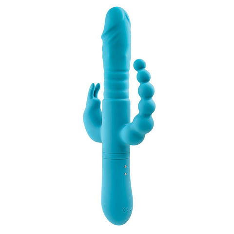Adam & Eve Thrusting Triple Joy Rabbit (Teal) – USB Rechargeable Rabbit Vibrator with Anal Probe 25.4 cm VIBRATORS-RABBIT-MULTI