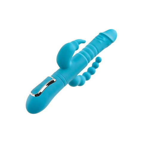 Adam & Eve Thrusting Triple Joy Rabbit (Teal) – USB Rechargeable Rabbit Vibrator with Anal Probe 25.4 cm VIBRATORS-RABBIT-MULTI