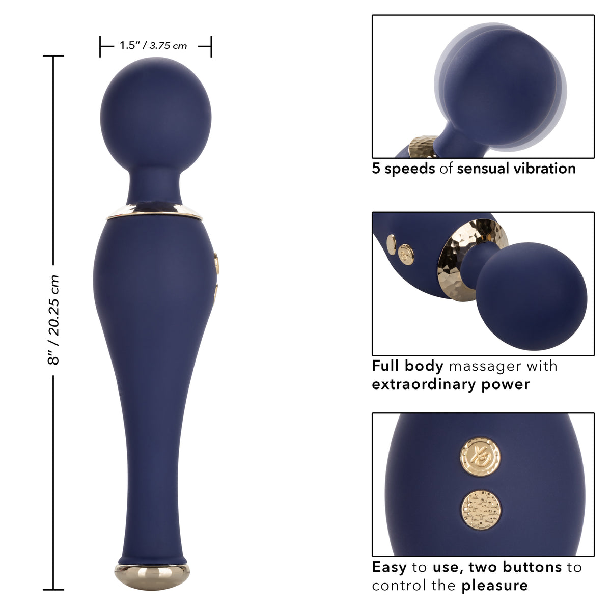 Chic Poppy Navy Blue Ultra-Plush Silicone Massager with 5 Vibration Levels and Gold Accents, Rechargeable, Waterproof > Sex Toys > Massage Wands