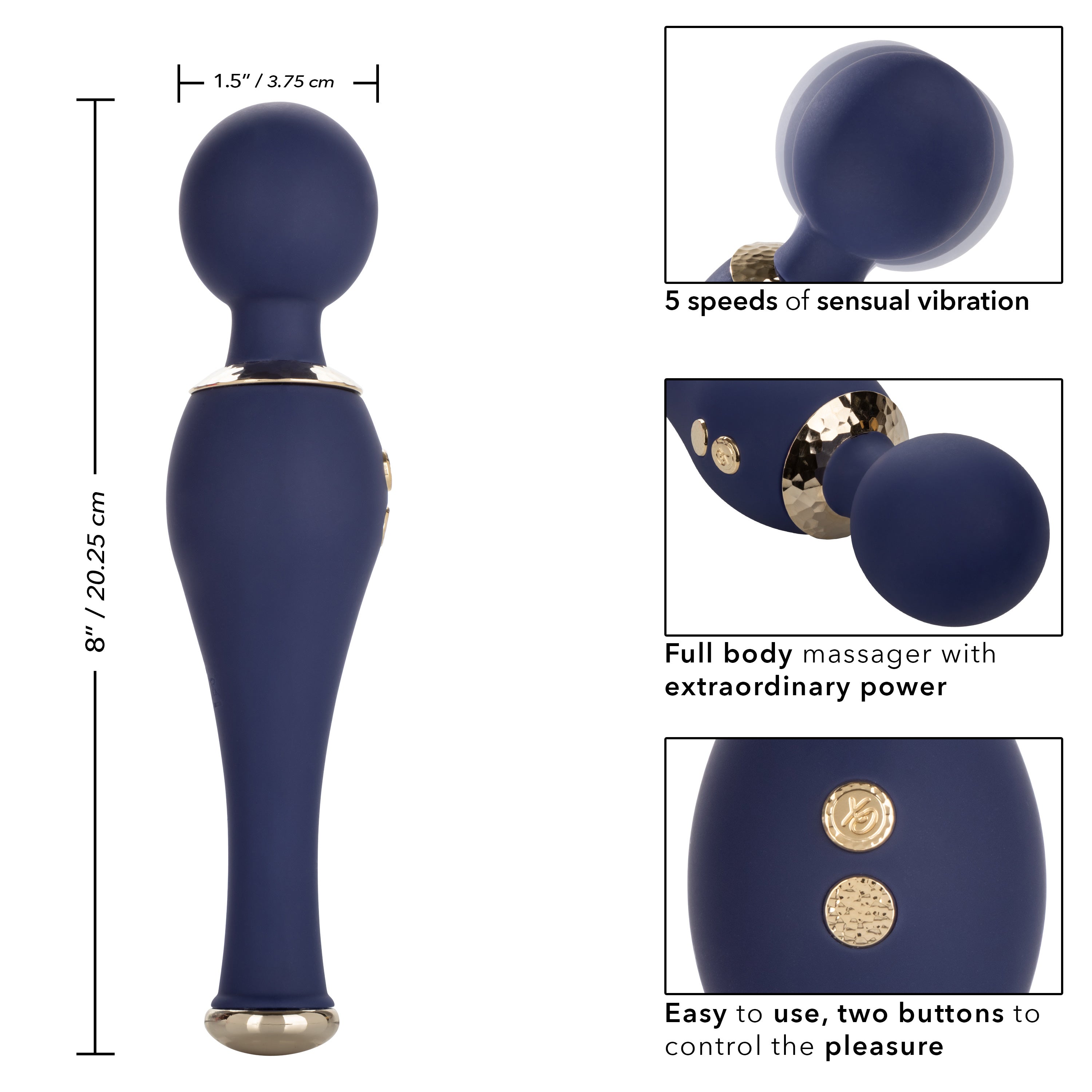 Chic Poppy Navy Blue Ultra-Plush Silicone Massager with 5 Vibration Levels and Gold Accents, Rechargeable, Waterproof > Sex Toys > Massage Wands