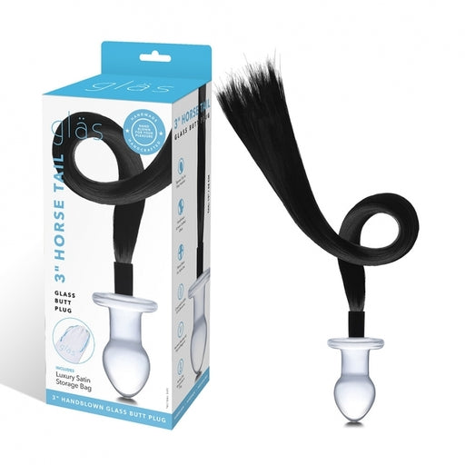 Glas 3 Inch Black Horse Tail Glass Butt Plug Clear Tails